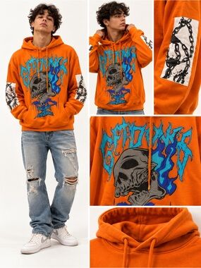 GFTD Los Angeles Skull Flame Graphic Hoodie Orange Small NWT Streetwear